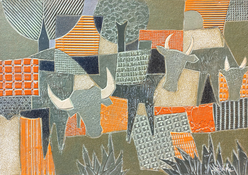 34x24cm BOVINS. Bronze et orange